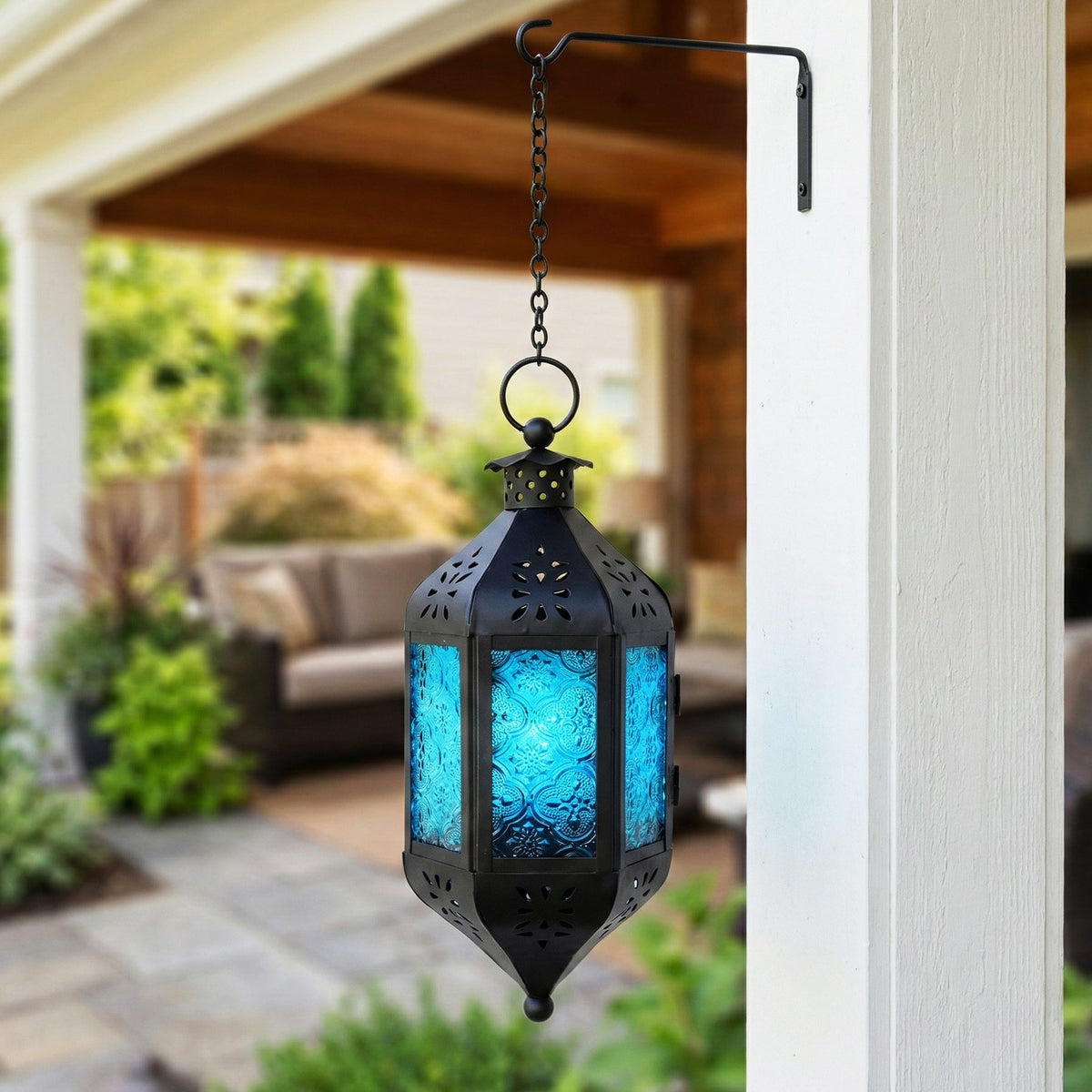 Moroccan Hanging Candle Lantern with Chain – Vintage Boho Style Iron & Glass Tealight Holder for Home, Patio, Garden, Wedding & Ramadan Decor (23.5" Overall)