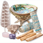 Sage Smudge Cleansing Kit Complete Set – White Sage, Palo Santo Sticks, Abalone Shell with Stand, Crystal Stones & Feather for Home Purification, Spiritual Decor & Holiday Gift