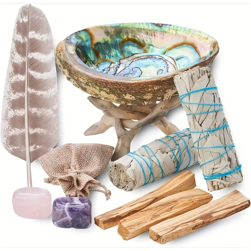 Sage Smudge Cleansing Kit Complete Set – White Sage, Palo Santo Sticks, Abalone Shell with Stand, Crystal Stones & Feather for Home Purification, Spiritual Decor & Holiday Gift