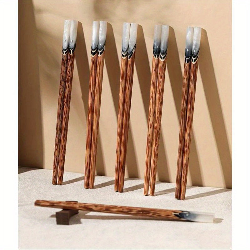 Coconut Wood Chopsticks 5 Pairs Vietnamese Handmade Natural Shell Inlay Anti-Slip Anti-Mold 9.84 Inch Reusable Wooden Chopstick Set for Dining Hotel Home Gift