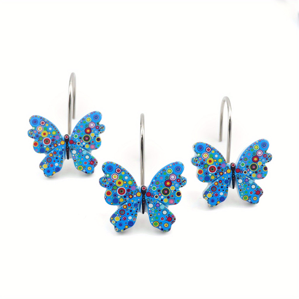 Butterfly Shower Curtain Hooks 12 Pack - Decorative Rustproof Metal Curtain Hook Rings, Colorful Aesthetic Design for Bathroom, Wardrobe & Living Room, Green Blue Tricolor Options