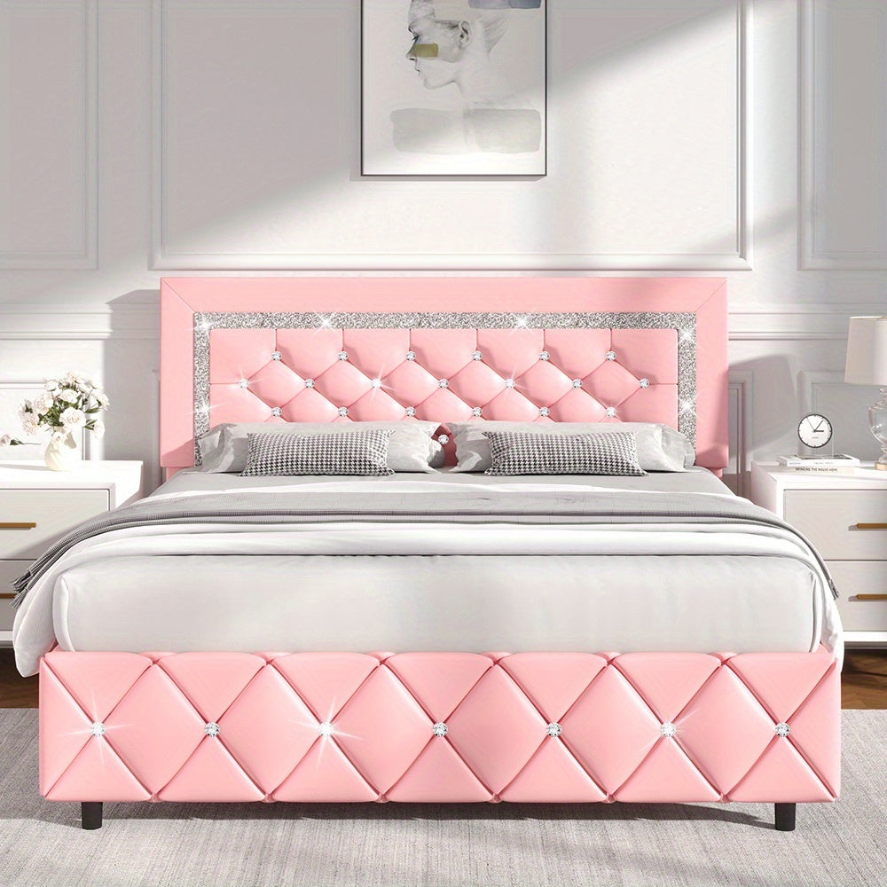 Upholstered Bed Frame with Diamond Tufted Headboard & Footboard – Faux Leather, Wooden Slats, No Box Spring Needed | Twin Full Queen King