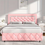 Upholstered Bed Frame with Diamond Tufted Headboard & Footboard – Faux Leather, Wooden Slats, No Box Spring Needed | Twin Full Queen King