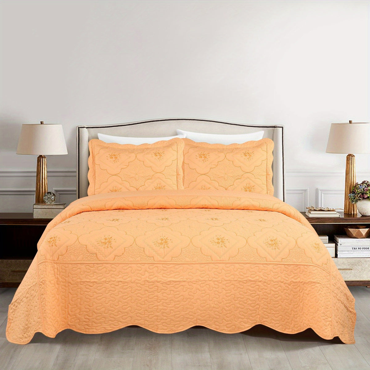 Quilted Embroidered Bedspread Set 3 Pcs – Floral Embroidery, 100% Polyester, Wrinkle-Resistant Lightweight Coverlet for Queen & King Bedroom Decor, 16 Colors