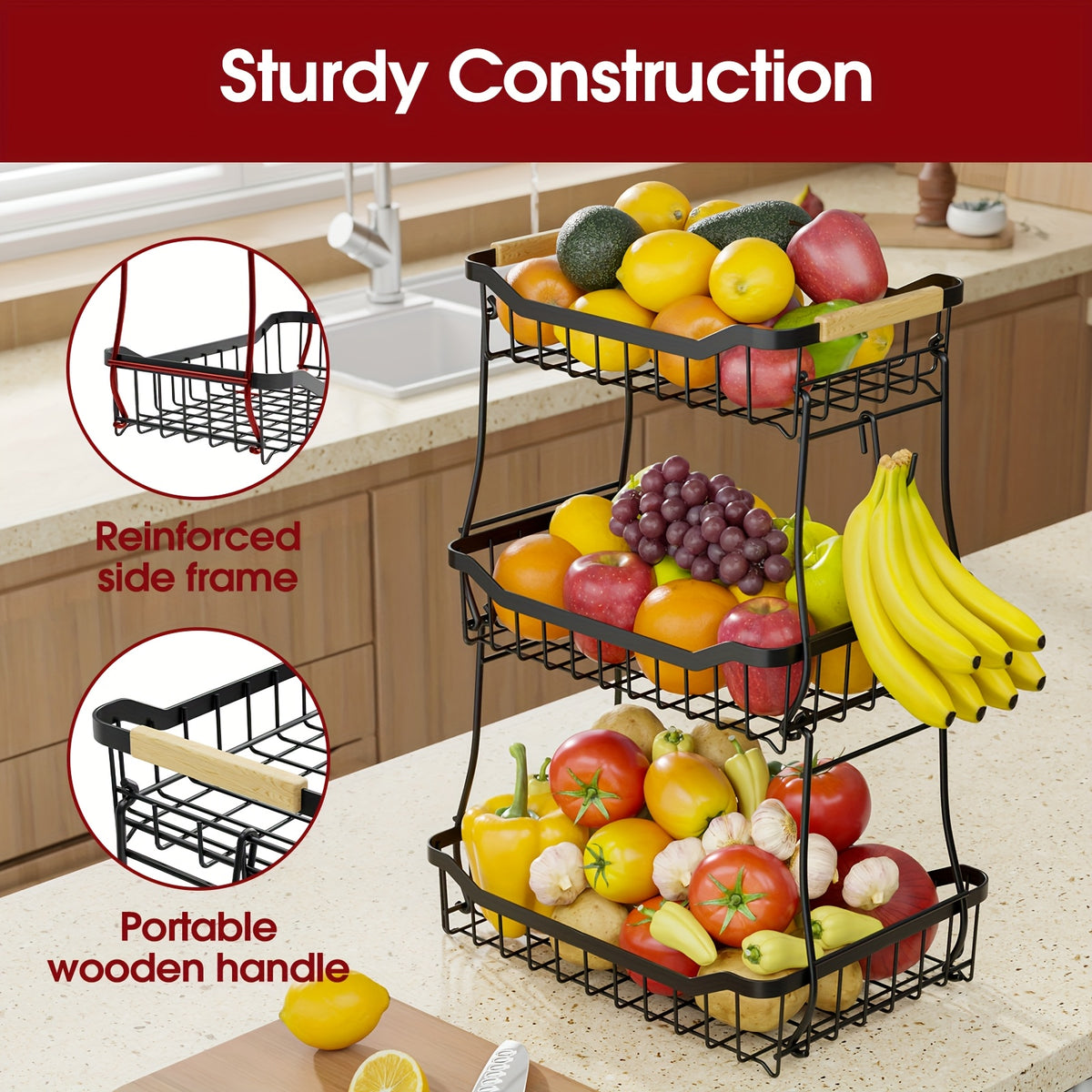 Tiered Metal Fruit Basket with Banana Hook & Wooden Handle – 2 & 3 Tier Countertop Produce Organizer for Kitchen | Removable Tiers | Bread, Vegetable & Fruit Storage