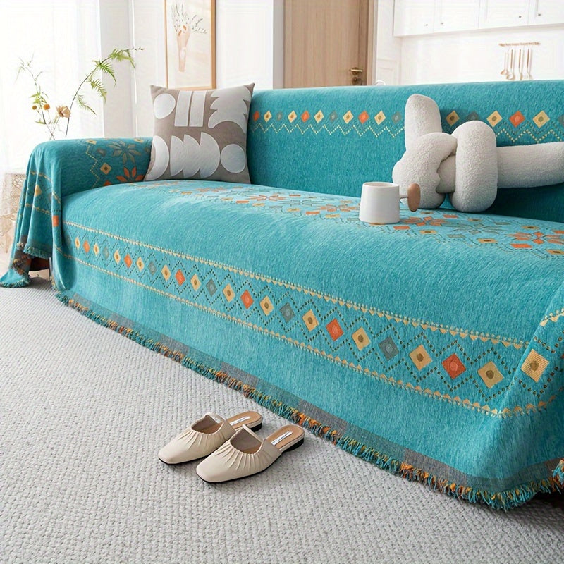 Chenille Boho Sofa Cover with Embroidered Detail – Machine Washable Slipcover for 1 2 3 4 Seater Sectional Couches, Extra Large Sizes, No Padding, 4 Colors