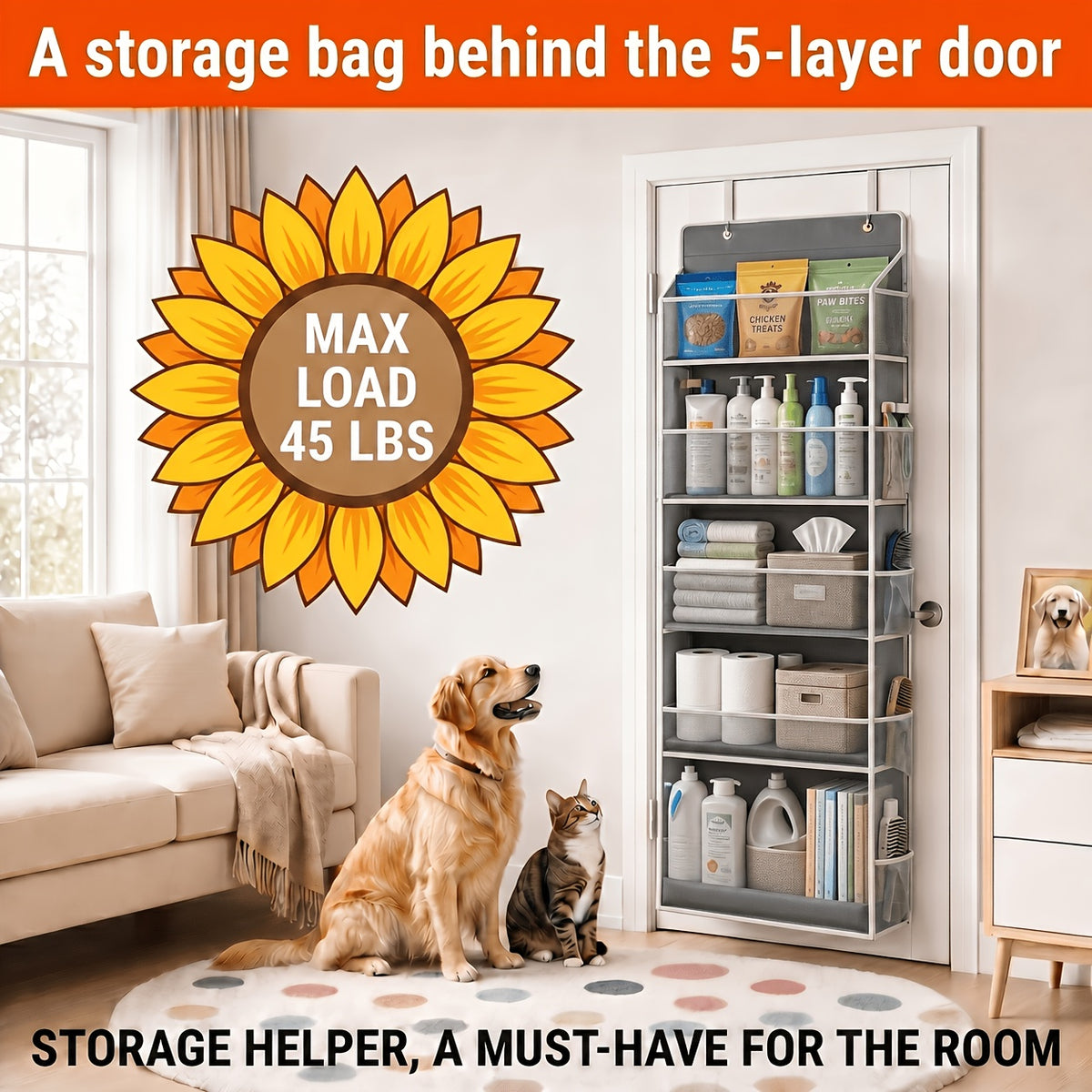 5-Shelf Over Door Hanging Organizer Non-Woven – No Drill Wall & Door Mount Storage Bag with Shelf Baskets for Bedroom, Bathroom & Closet