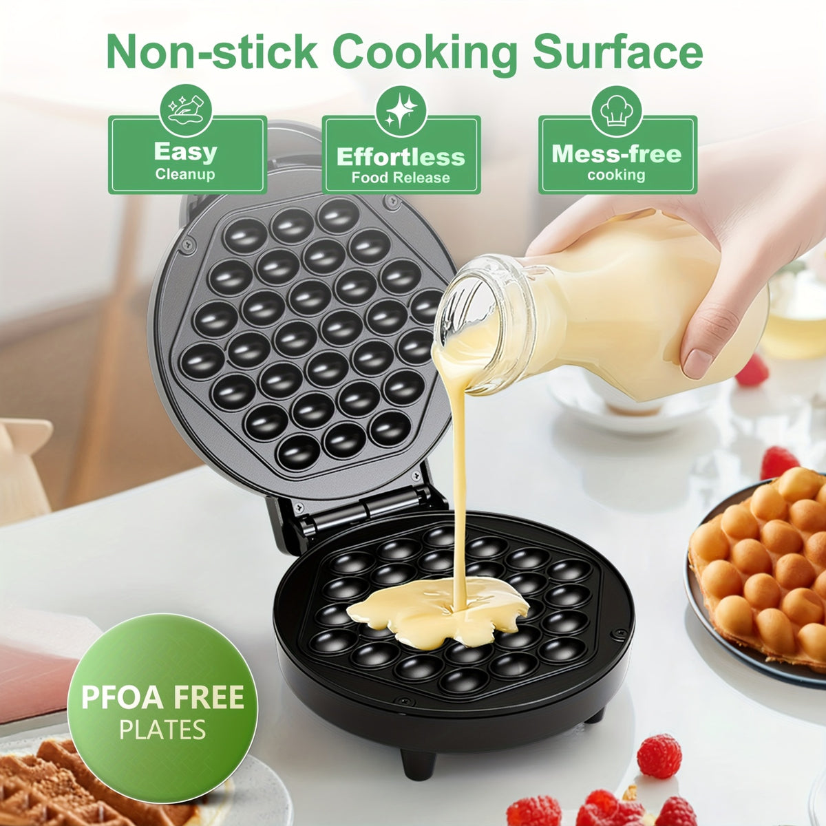 Bubble Waffle Maker 7-Inch 1000W | Hong Kong Egg Waffle Electric Grill with Nonstick Coating | Ready in 5 Mins for Breakfast, Desserts & Ice Cream Cones | Christmas Gift Idea