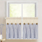 Bohemian Semi-Sheer Linen Cotton Curtains Grommet Top – Patchwork Country Cottage Window Drapes, 1 or 2 Panels, All Season, Bedroom Living Room Kitchen Bathroom Cafe Decor | Blue Green Dark Blue