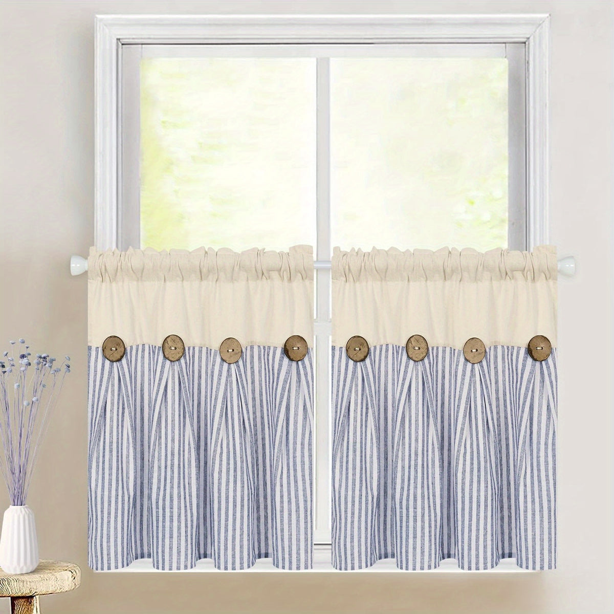 Bohemian Semi-Sheer Linen Cotton Curtains Grommet Top – Patchwork Country Cottage Window Drapes, 1 or 2 Panels, All Season, Bedroom Living Room Kitchen Bathroom Cafe Decor | Blue Green Dark Blue