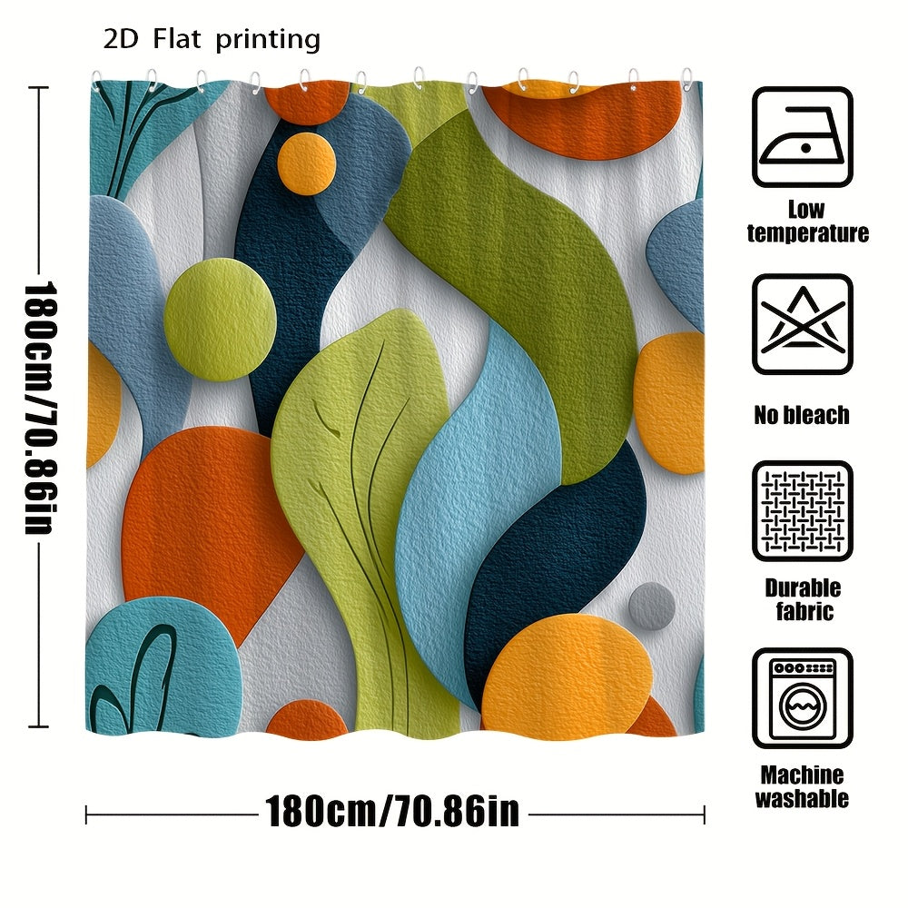 Abstract Geometric Shower Curtain – Colorful Overlapping Shapes Modern Art Bath Decor in Green Blue Orange Teal | 70.86x70.86 Inch with 12 Hooks