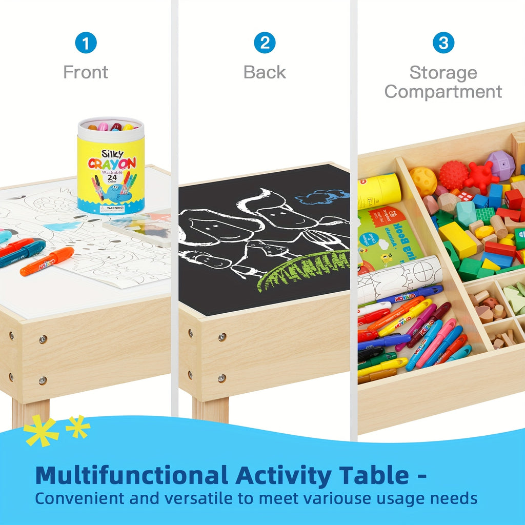Kids Wood Table and Chair Set 3-in-1 – Double-Sided Desktop, Built-In Toy Storage, Ideal for Nursery Playroom Daycare, New Version & Multifunctional Aesthetic Style