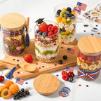 16oz Borosilicate Glass Dessert Cups with Bamboo Lids & Spoons – Glass Breakfast Bowls, Meal Prep Containers for Oatmeal, Yogurt & Salads (Set of 4 or 6)