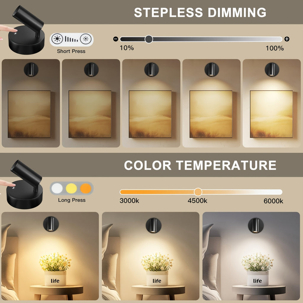 Wireless LED Spotlight 2-Pack Rechargeable Indoor Accent Uplighting 3 Color Dimmable for Plants Pictures Wall Art Decor – Black Gold White