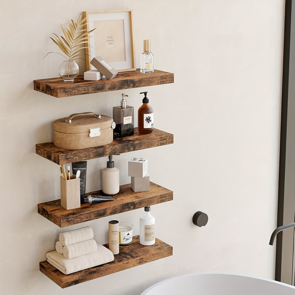 Floating Shelves for Wall 4-Pack 15.8 Inch - Brown Wall Mounted Shelf with Invisible Bracket for Bathroom, Living Room, Bedroom, Kitchen & Office Decor