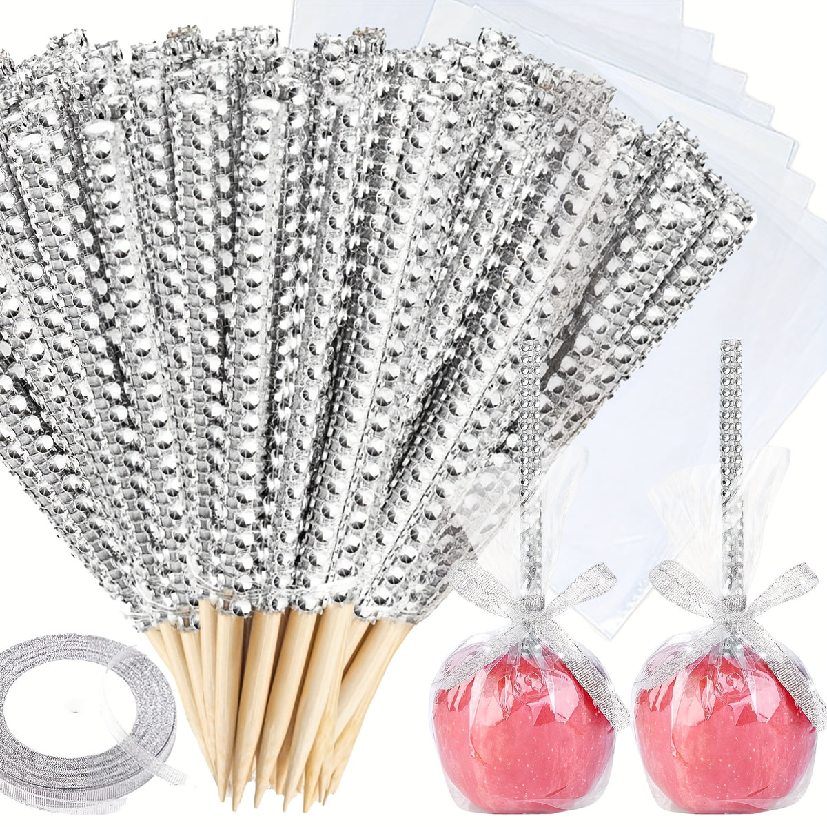 Candy Apple Sticks Bling Caramel Apple Wooden Skewers with Gift Bags & Glitter Ribbons - 25 or 49 Pack Decorative Cake Pop Sticks for Party Supplies, Halloween, Holidays, Silvery & Golden