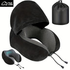 Hooded U-Shaped Travel Neck Pillow with Hood & Light-Blocking Cover – Airplane Nap Pillow for Adults, Home Office Sleep Support, U-Shape Neck Rest