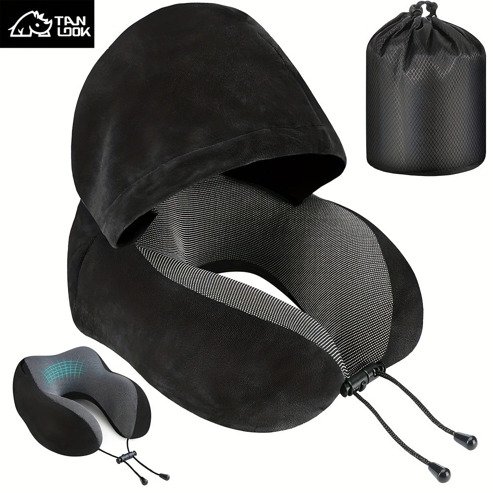 Hooded U-Shaped Travel Neck Pillow with Hood & Light-Blocking Cover – Airplane Nap Pillow for Adults, Home Office Sleep Support, U-Shape Neck Rest
