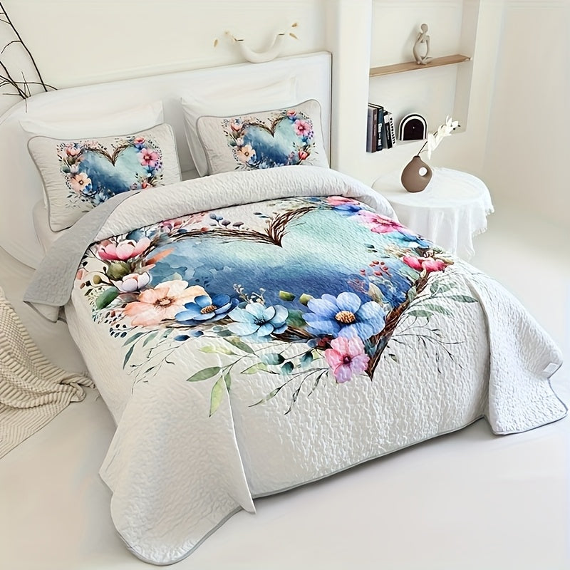 Floral Quilt Set 2 or 3 Piece – Colorful Flowers & Plants Quilted Bedspread with Pillowcases, Soft Breathable Hypoallergenic Machine Washable Bed Cover Twin Queen King