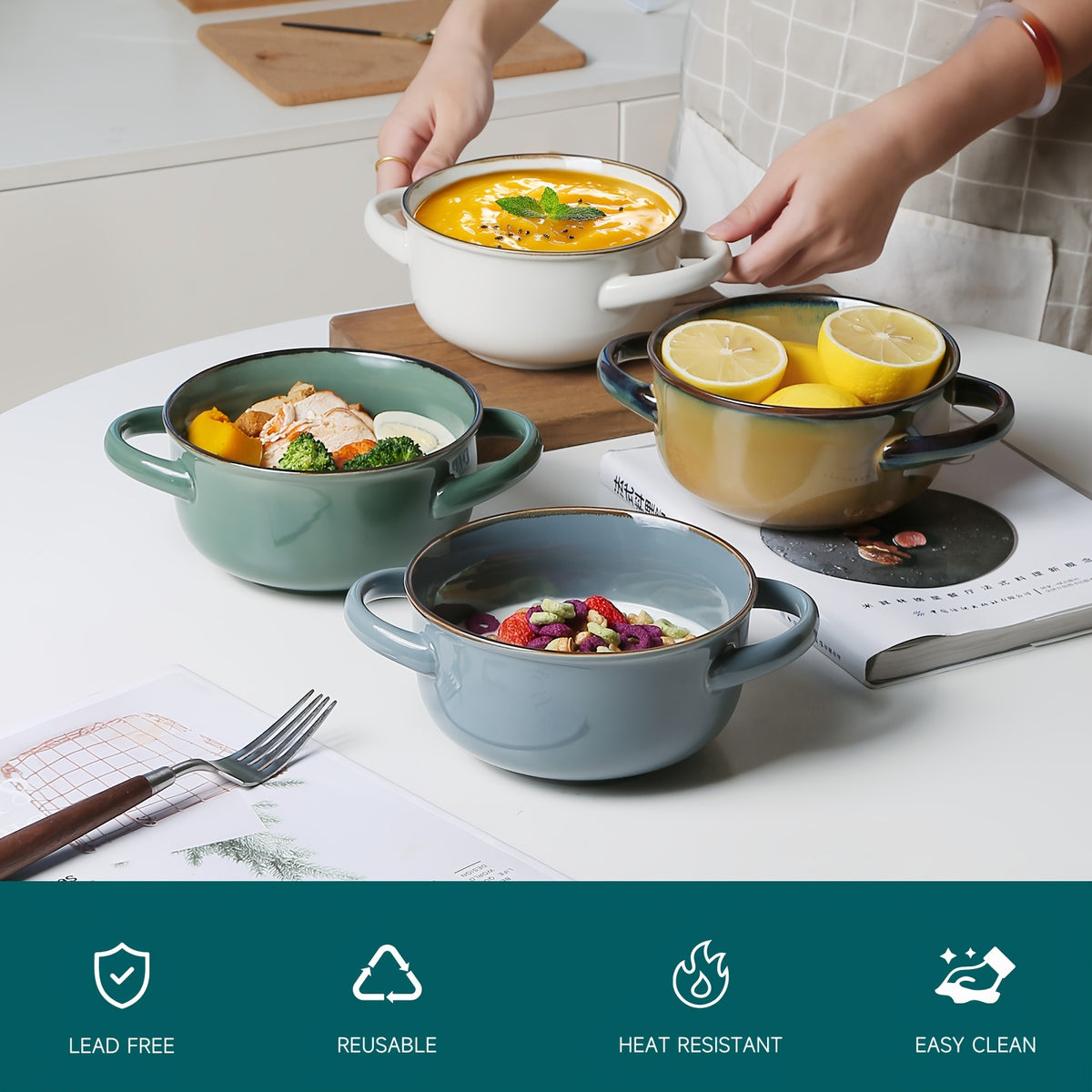 Colorful Ceramic Double-Handled Bowl Set Dopamine Style 28oz Extra-Large – Microwave & Dishwasher Safe for Soup, Salad, Pasta & Ramen – 2 or 4 Piece, Assorted Colors