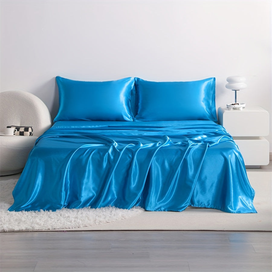 Cooling Satin Bed Sheet Set 4-Piece – Hypoallergenic Breathable Deep Pocket Flat & Fitted Sheet with Pillowcases, 300 GSM, 15 Colors, Twin to Cal King