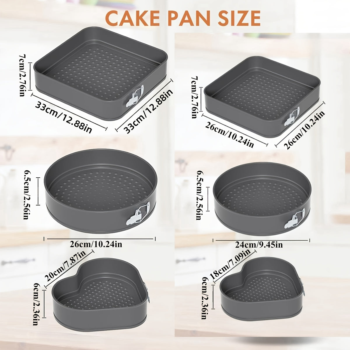 Springform Cake Pan Set 6pcs Nonstick Carbon Steel – Heart, Round & Square Cheesecake Pans 7–11 Inch with Removable Bottom for Mousse, Cheesecake & Layer Cakes