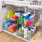 Transparent Pull-Out Storage Organizer – Double-Layer Slide-Out Cabinet Basket for Bathroom Vanity, Under-Sink & Kitchen, Space-Saving Plastic Shelf (1 or 2pcs)