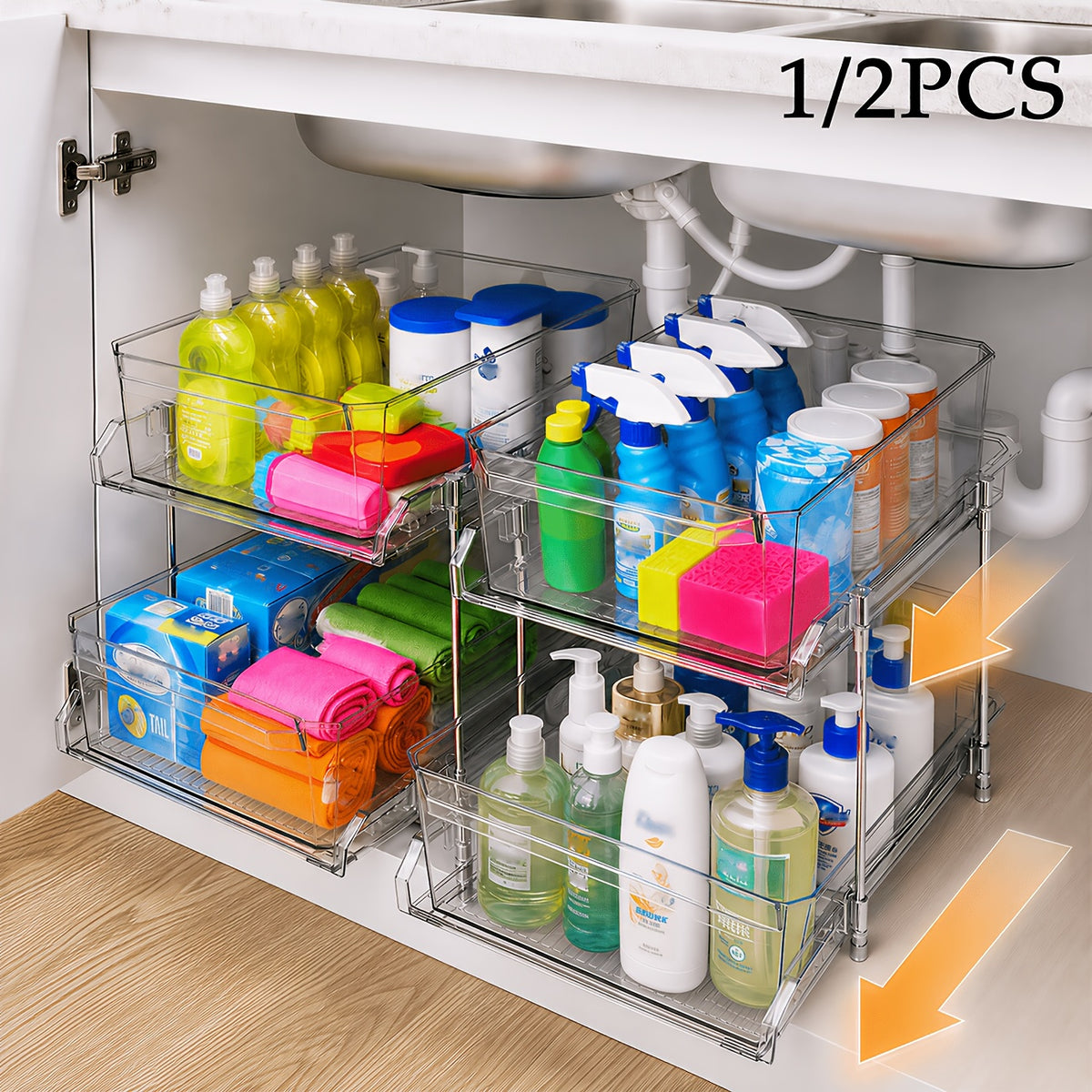 Transparent Pull-Out Storage Organizer – Double-Layer Slide-Out Cabinet Basket for Bathroom Vanity, Under-Sink & Kitchen, Space-Saving Plastic Shelf (1 or 2pcs)