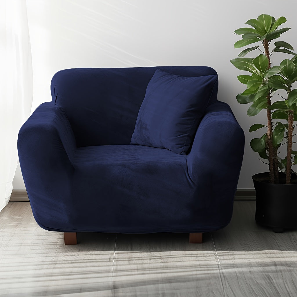 Velvet Stretch Sofa Cover Slipcover – Thick High-Elasticity Plush Couch Cover for L-Shape 1 2 3 4 Seater, Polyester Spandex Furniture Protector with Pillowcase for Living Room