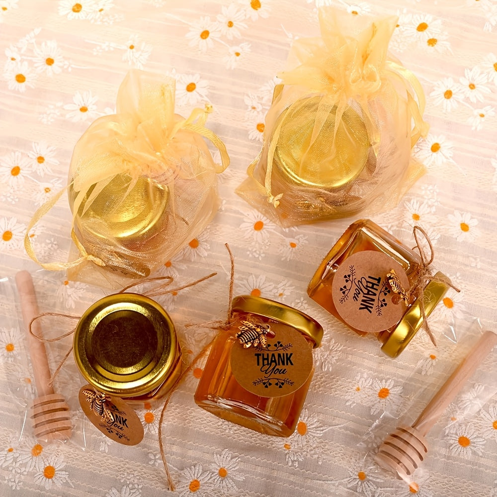 Mini Hexagon Honey Jar Favor Set – 1.5oz Glass Jars with Golden Lid, Bee Charm, Honey Dipper & Gift Tags | 20-60 Pcs | Wedding, Baby Shower & Party Favors