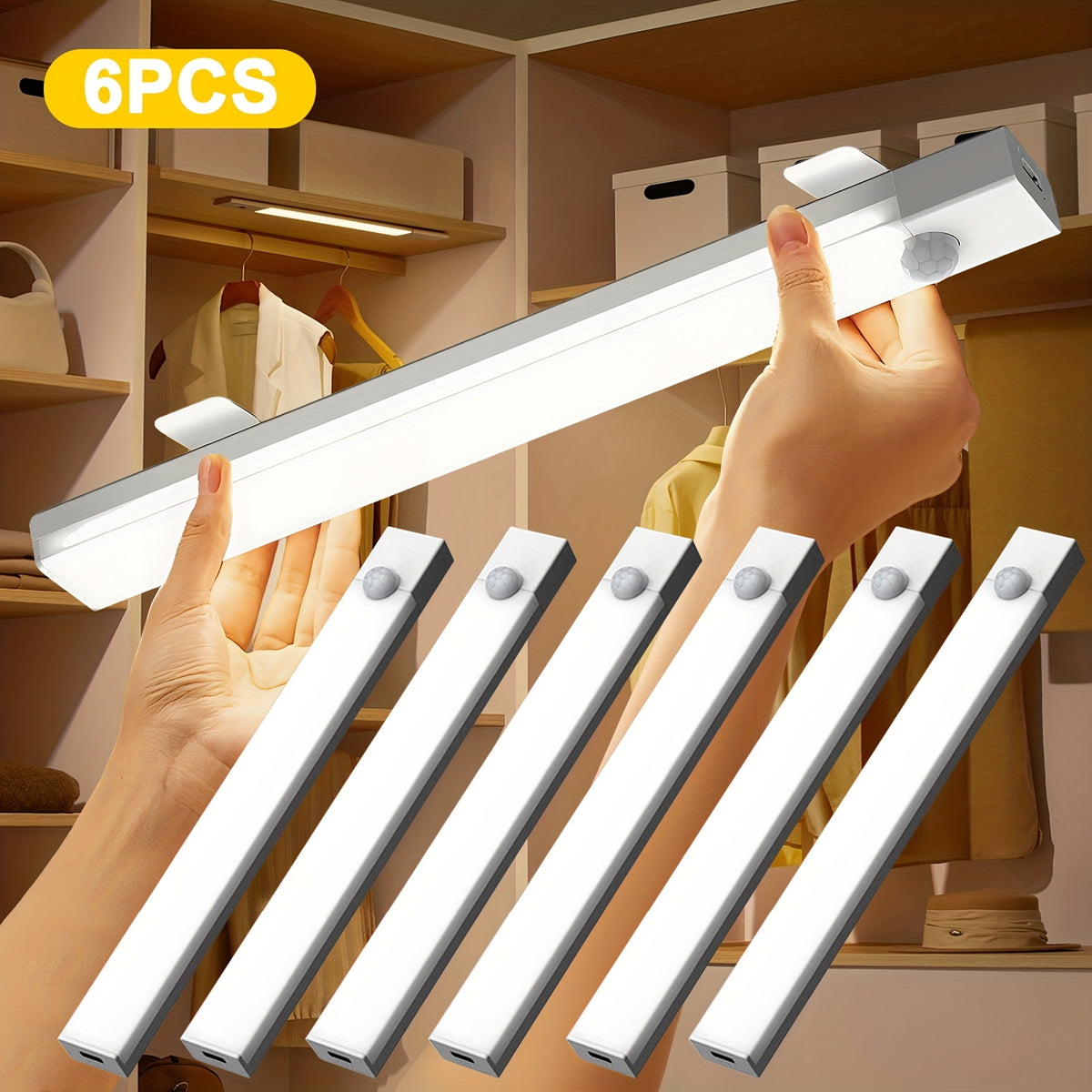 LED Motion Sensor Cabinet Lights 6-Pack, USB Rechargeable Magnetic Indoor Night Light Strips for Stairs, Shelves & Closets – 3.94in / 7.87in / 11.81in