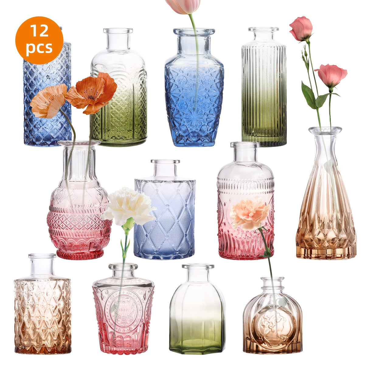Mini Glass Bud Vase Set of 12 – Multicolor Gradient Relief Design, Vintage Flower Vases for Centerpieces, Wedding Table Decor, Home Party & Event Floral Arrangements