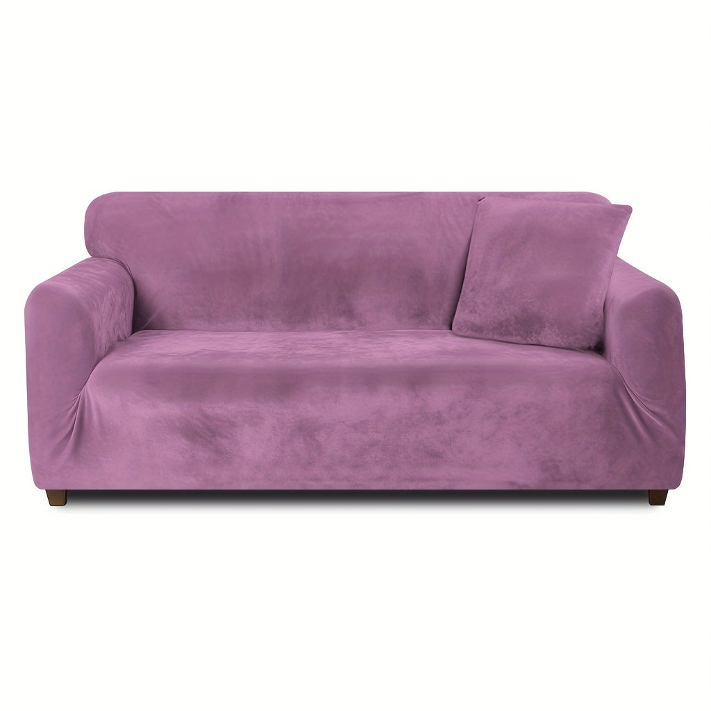 Velvet Stretch Sofa Cover Slipcover – Thick High-Elasticity Plush Couch Cover for L-Shape 1 2 3 4 Seater, Polyester Spandex Furniture Protector with Pillowcase for Living Room