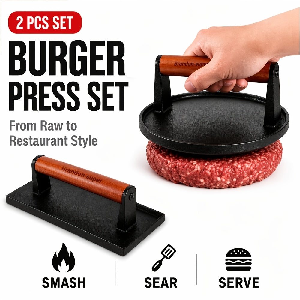 Cast Iron Burger Press Kit Round & Rectangular with Wooden Handle – 2-Piece Heavy-Duty Smash Burger Press for Grilling, BBQ, Sandwiches, Camping & Family Cookouts