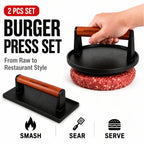 Cast Iron Burger Press Kit Round & Rectangular with Wooden Handle – 2-Piece Heavy-Duty Smash Burger Press for Grilling, BBQ, Sandwiches, Camping & Family Cookouts