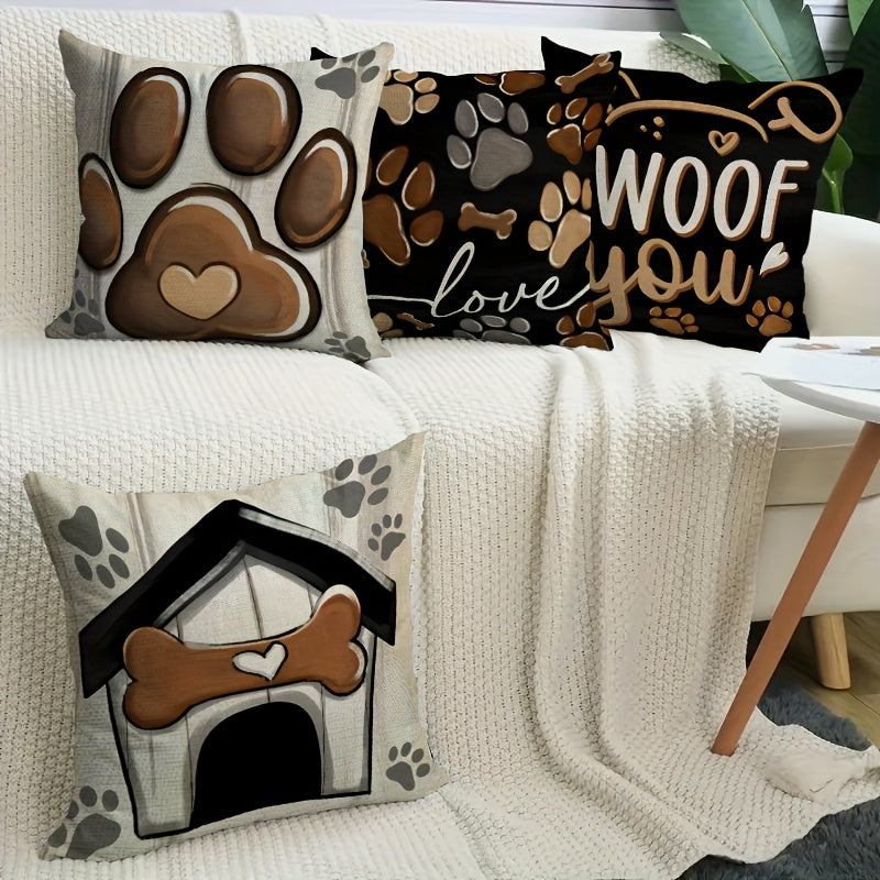 Dog Paw Print Pillow Covers Set of 4, 18x18 Inch Black Double-Sided Rustic Cottage Cushion Covers with Zipper, Outdoor Porch Home Decor Gift for Dog Lovers & Pet Owners