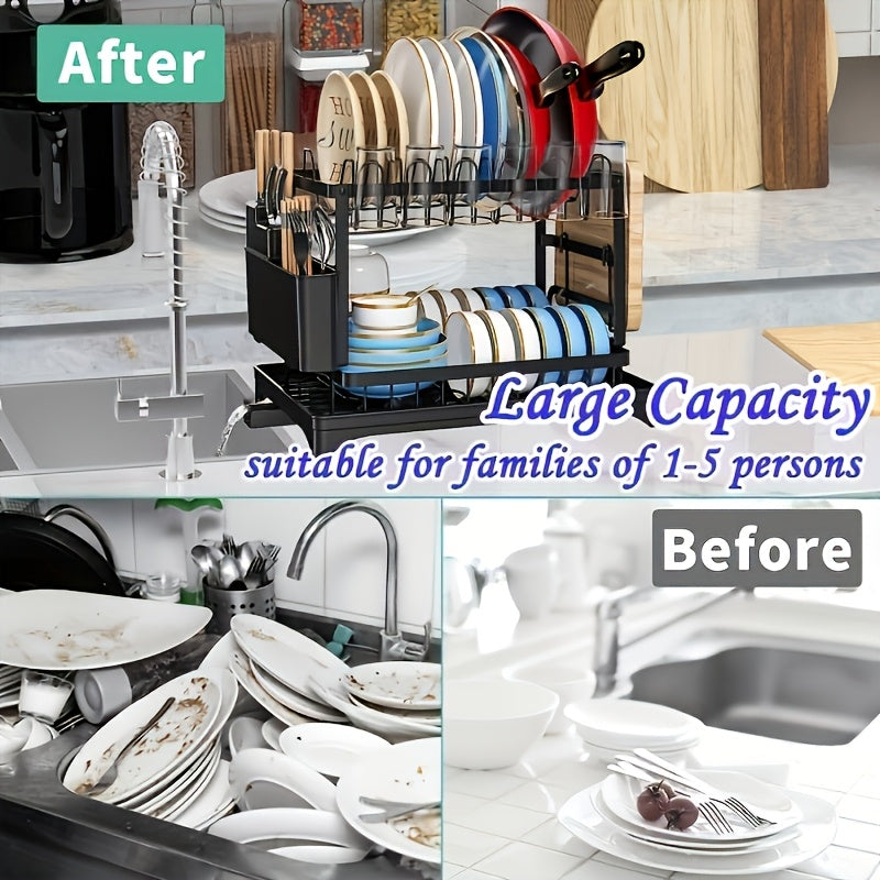 Dish Drying Rack 2-Tier Large Kitchen Counter Dish Rack with Drip Tray Drainage Holder – Dish Drainer for Dishes Knives Cups Cutting Boards
