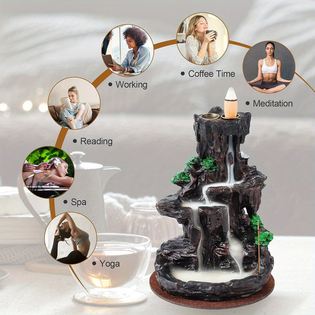 Backflow Incense Burner Waterfall Holder 2-Side Design with 120 Backflow Cones & 30 Incense Sticks - Aromatherapy Ornament for Home Decor, Meditation & Relaxation
