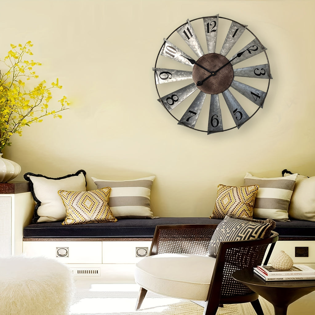 24 Inch Large Farmhouse Wall Clock with 3D Windmill Blades – Vintage Galvanized Metal Analog Clock, Battery Operated Quiet Movement, Home Decor for Living Room, Kitchen, Bedroom & Porch