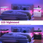 LED Nightstand with Charging Station USB Ports Outlets High Gloss Adjustable LED Lights 2 Storage Drawers Wood End Table Bedroom Living Room White Black 1pc or 2pcs