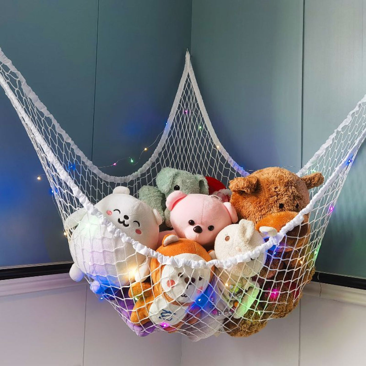 Jumbo Corner Stuffed Animal Hammock with LED Warm Lights – 72x48x48" Mesh Plush Toy Storage Organizer with Hooks, Kids Room & Nursery Decor, Holiday Gift for Boys & Girls