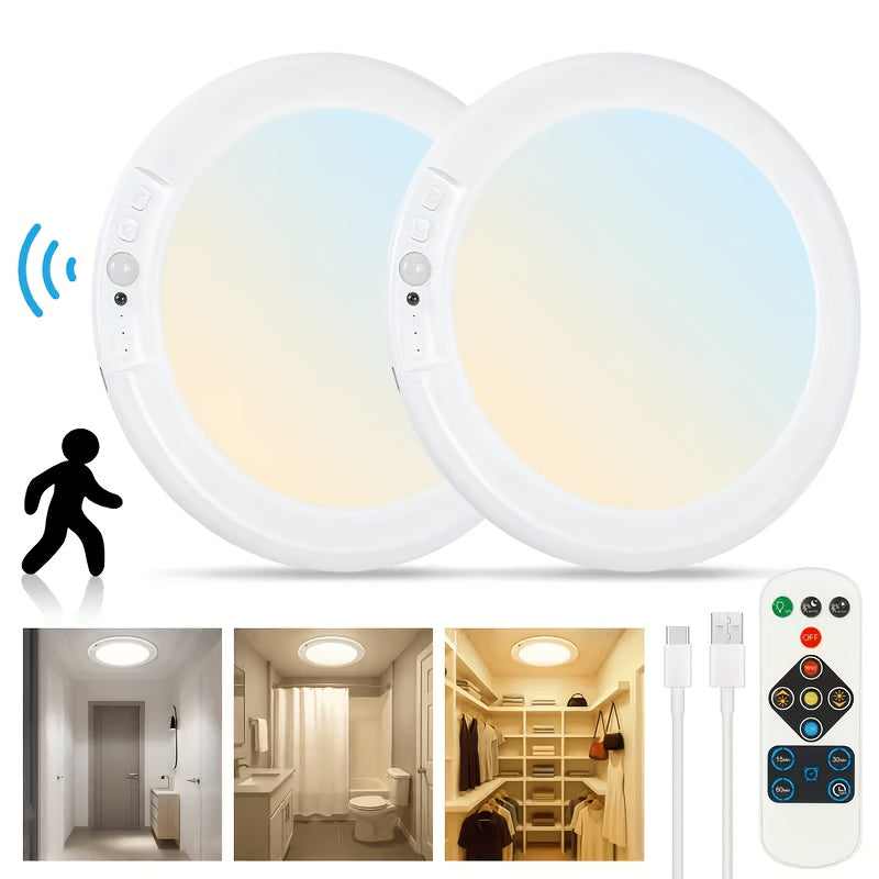 Rechargeable LED Ceiling Lamp with Motion Sensor – 3 Color Modes, 10 Brightness Levels, Remote Control & Timer – Battery-Powered Semi Flush Mount for Living Room, Kitchen & Bathroom