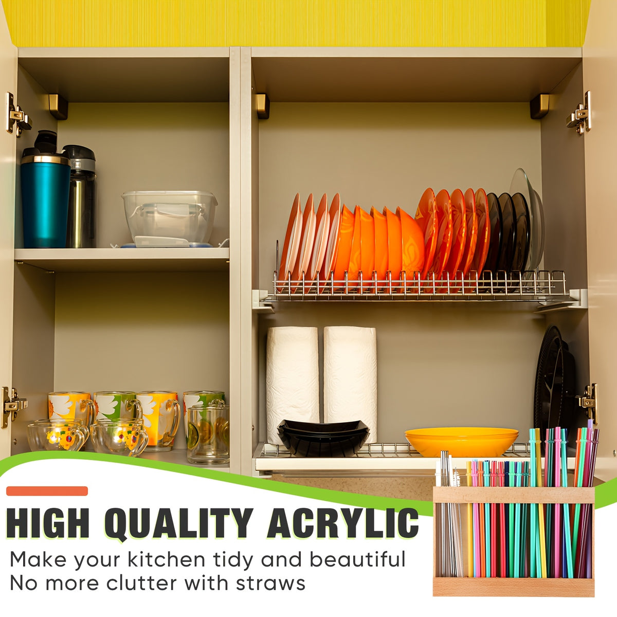 Wooden Straw Holder for Cabinet Door, Adhesive Tumbler Straw Organizer for Kitchen Counter & Cupboard, Acacia Wood Straw Dispenser Storage Container, Housewarming & Holiday Gift