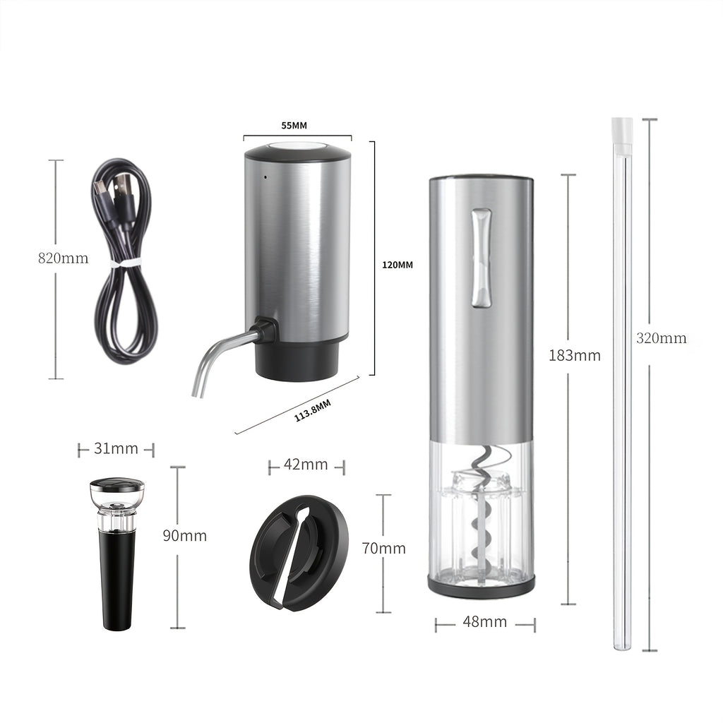 Electric Wine Opener Set 7-Piece Automatic Rechargeable Corkscrew with Wine Aerator Vacuum Stopper Foil Cutter USB Charging