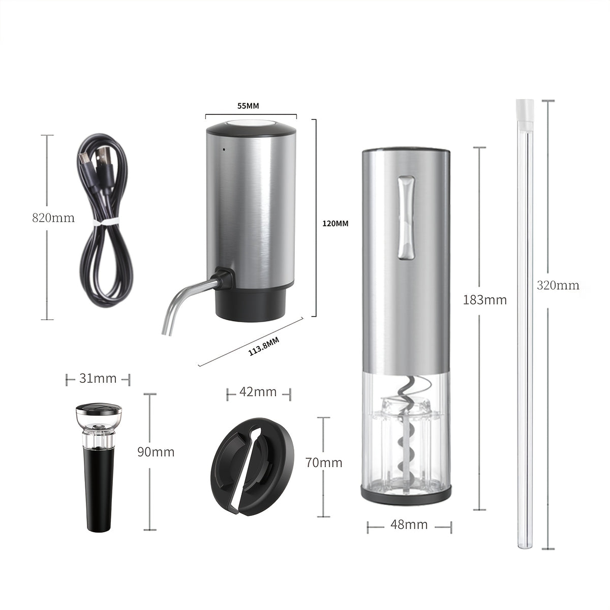 Electric Wine Opener Set 7-Piece Automatic Rechargeable Corkscrew with Wine Aerator Vacuum Stopper Foil Cutter USB Charging
