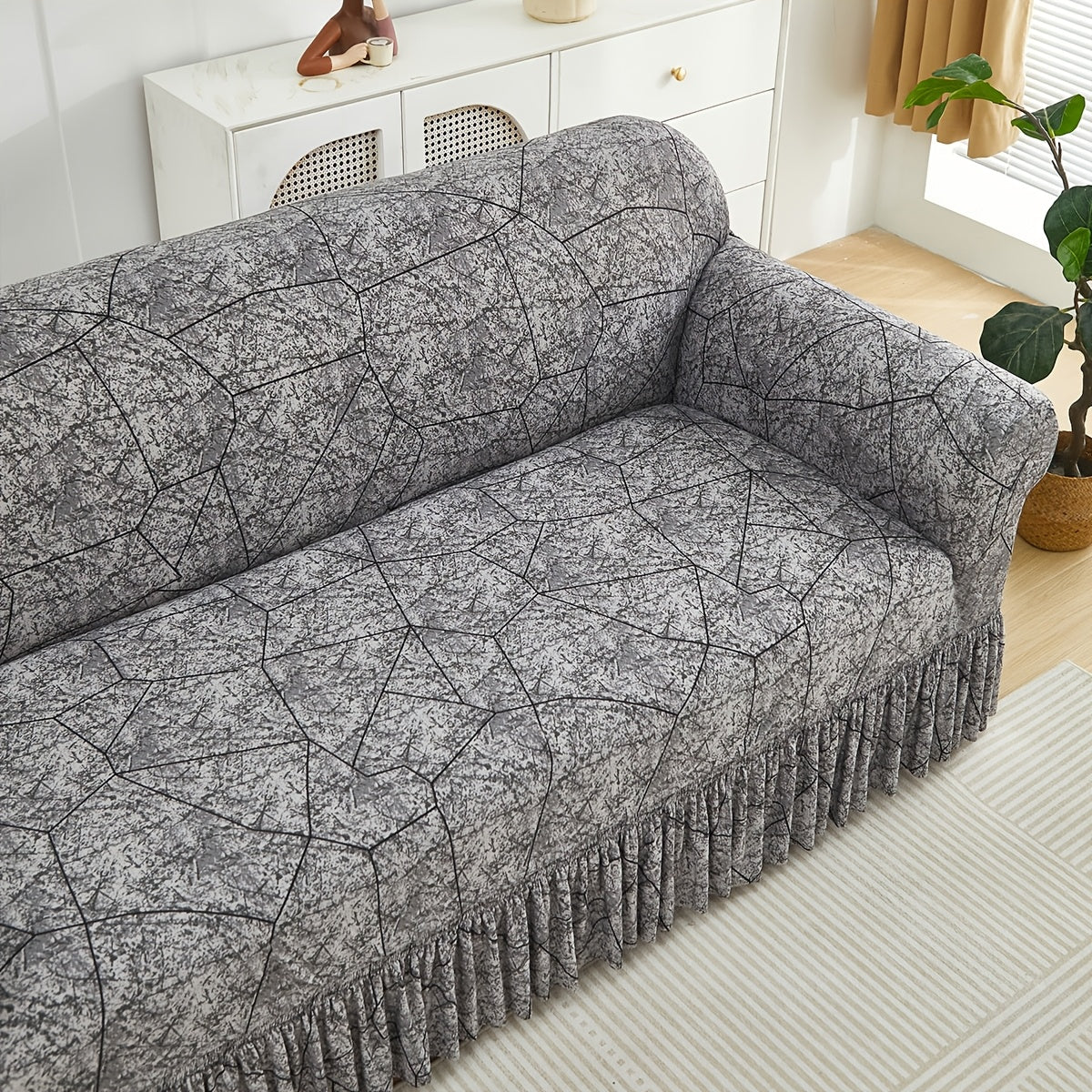 Printed Elastic Skirt Sofa Cover Slipcover with Bottom Skirt | Stretch Fitted Couch Protector for Living Room, Single 2-Seater 3-Seater 4-Seater