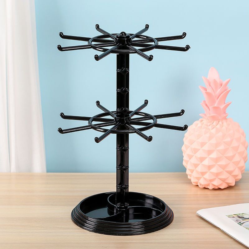 Rotating Jewelry Stand 2-Tier Black Plastic Necklace Bracelet Earring Keychain Hanging Organizer Display Rack for Dressing Table Counter – 360° Spinning Tabletop Jewelry Tower Holder