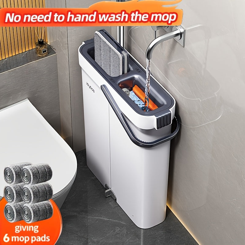 Dual-Bucket Flat Mop and Bucket System with 2025 Floating Scraper – Wash & Dry Separation, Widened Mop Head, Stainless Steel Rod & 4/6 Washable Microfiber Pads for Hardwood, Tile & Wall