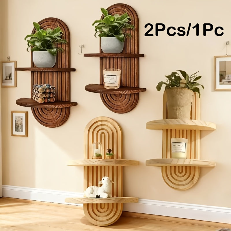 Boho Farmhouse Wood Floating Wall Shelves – 2-Layer Arc Design Wall-Mounted Storage Rack for Books, Plants & Decor in Bedroom, Bathroom, Kitchen & Living Room