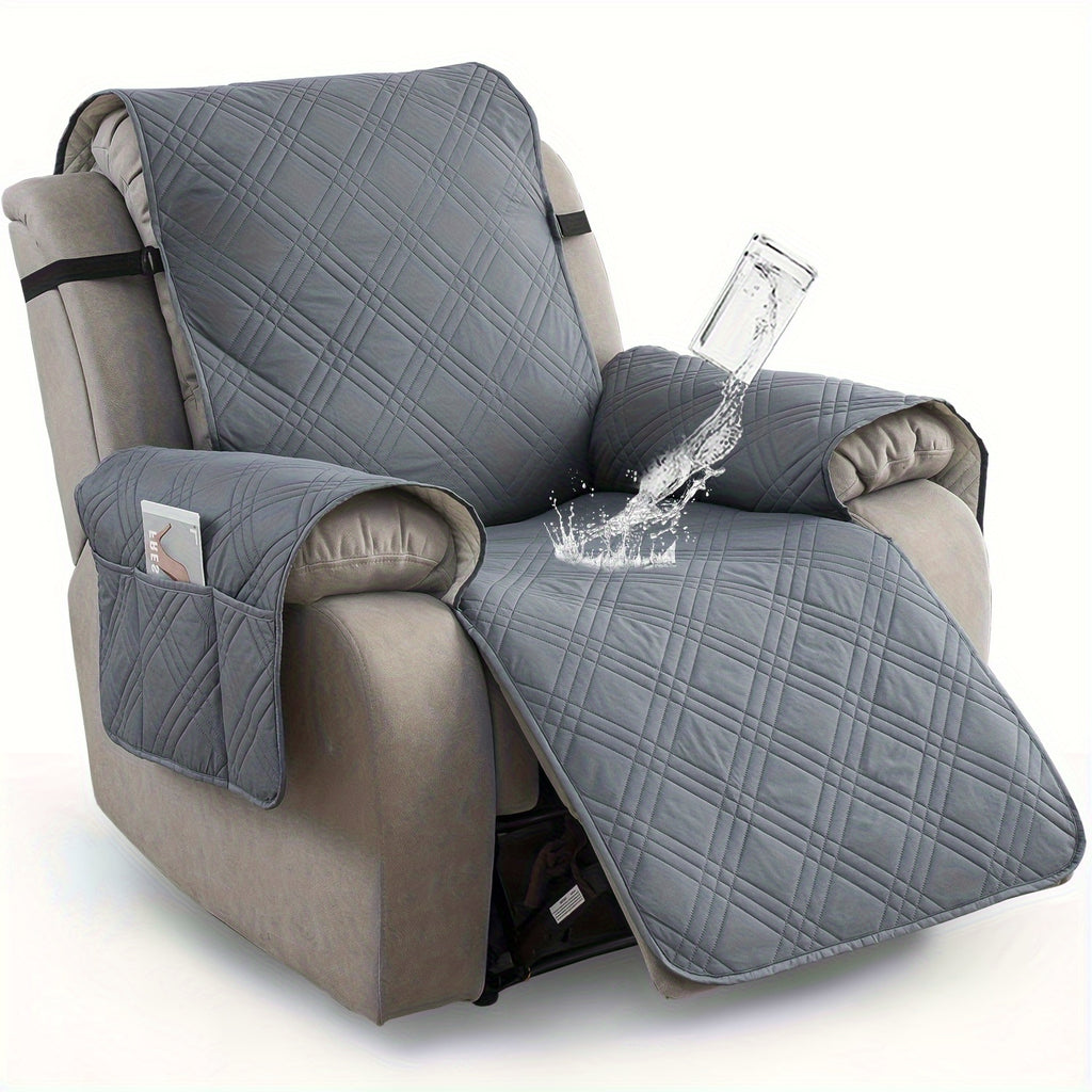 Waterproof Recliner Cover Pet Scratch-Resistant, 5-Layer Quilted Non-Slip Recliner Chair Slipcover with Pocket & Elastic Straps, Easy-Care Polyester Furniture Protector for Living Room, Bedroom & Office, Coffee/Gray